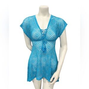 OP Blue Crochet Swim Cover Up Tunic | Lace-Up Tassel | Size Small